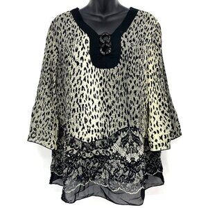 Nicola Women Top Size Large L Animal Print Flared 3/4 Sleeve Tunic Lace Chiffon